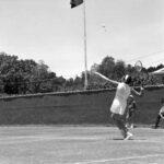 Mrs Court serving in Women's singles against Miss L. Hunt