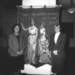Women members of parliament (l-r) Senator Margaret Reynolds and Ros Kelly with 1908 Women's banner - Old Parliament House Canberra, 1988